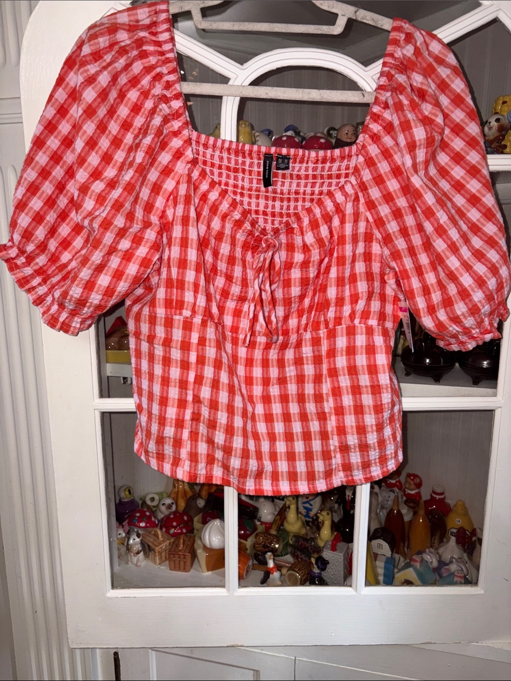 NWT Vero Moda Coral-White Gingham Puff Sleeve Blouse